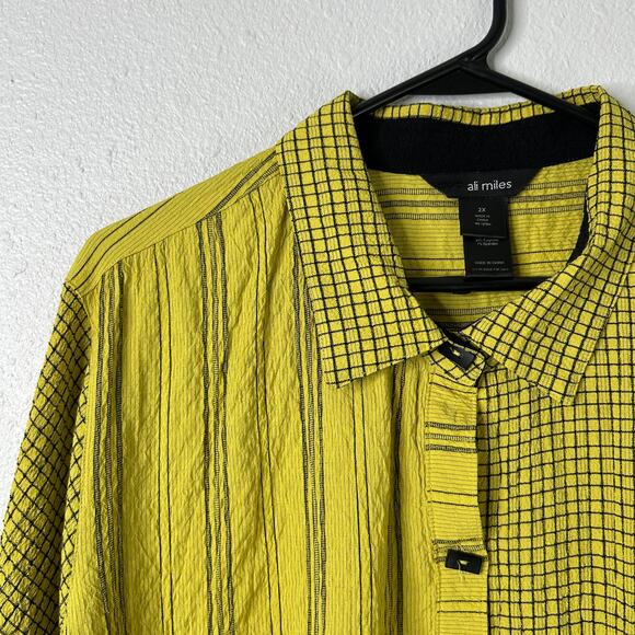 Ali Miles Wearable Art Asymmetric Tunic Citron 2X Crinkle Striped Button Blouse - Picture 5 of 13